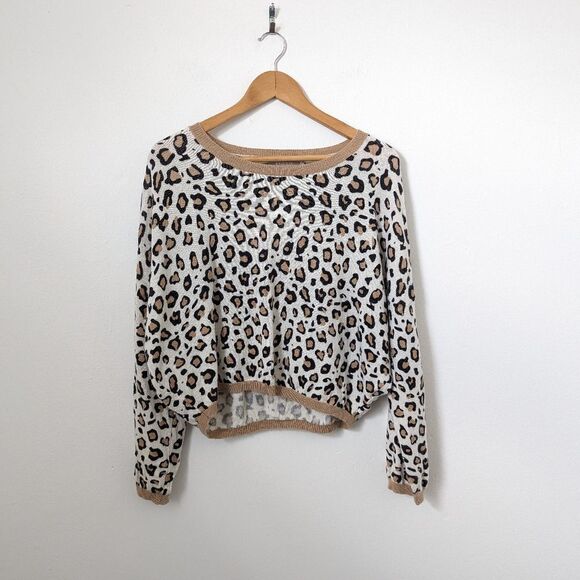 Brodie ivory tan black leopard animal print cashmere boxy oversized sweater - Picture 2 of 6